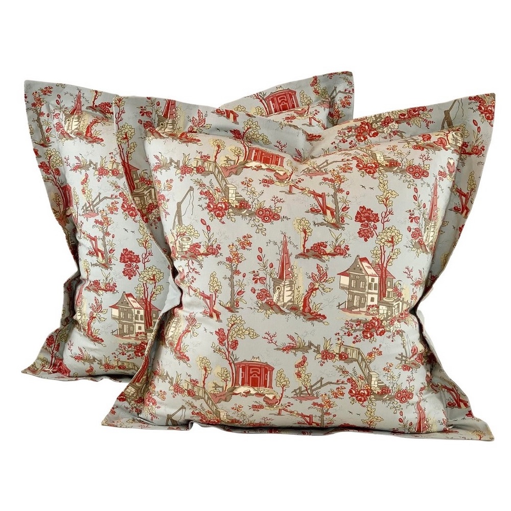 Pr French General Aqua Blue Pink Rose Chinoiserie Le Jardin Toile Pillow Covers